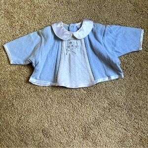 Vintage NWT Jean Bourget Kitten Baby Top, white and light blue, size 3 mo